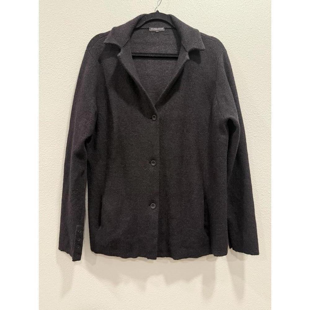 Eileen Fisher Black Wool Blend Cardigan Blazer Jacket, Women's M/L - Picture 2 of 6